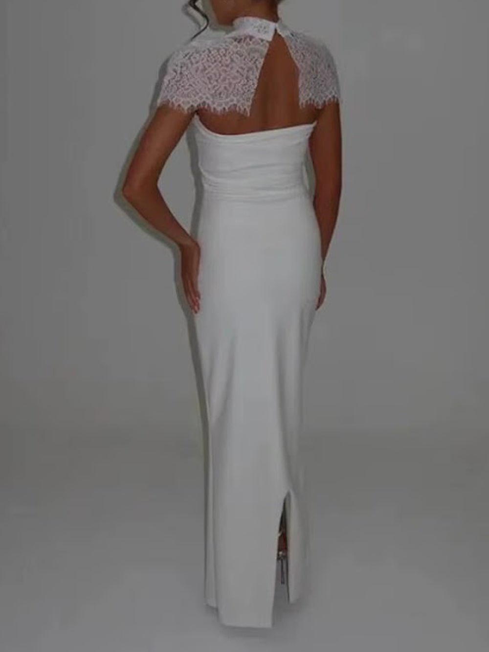 Scalloped Lace Yoke High Neck Cap Sleeve Column Maxi Gown - View 5