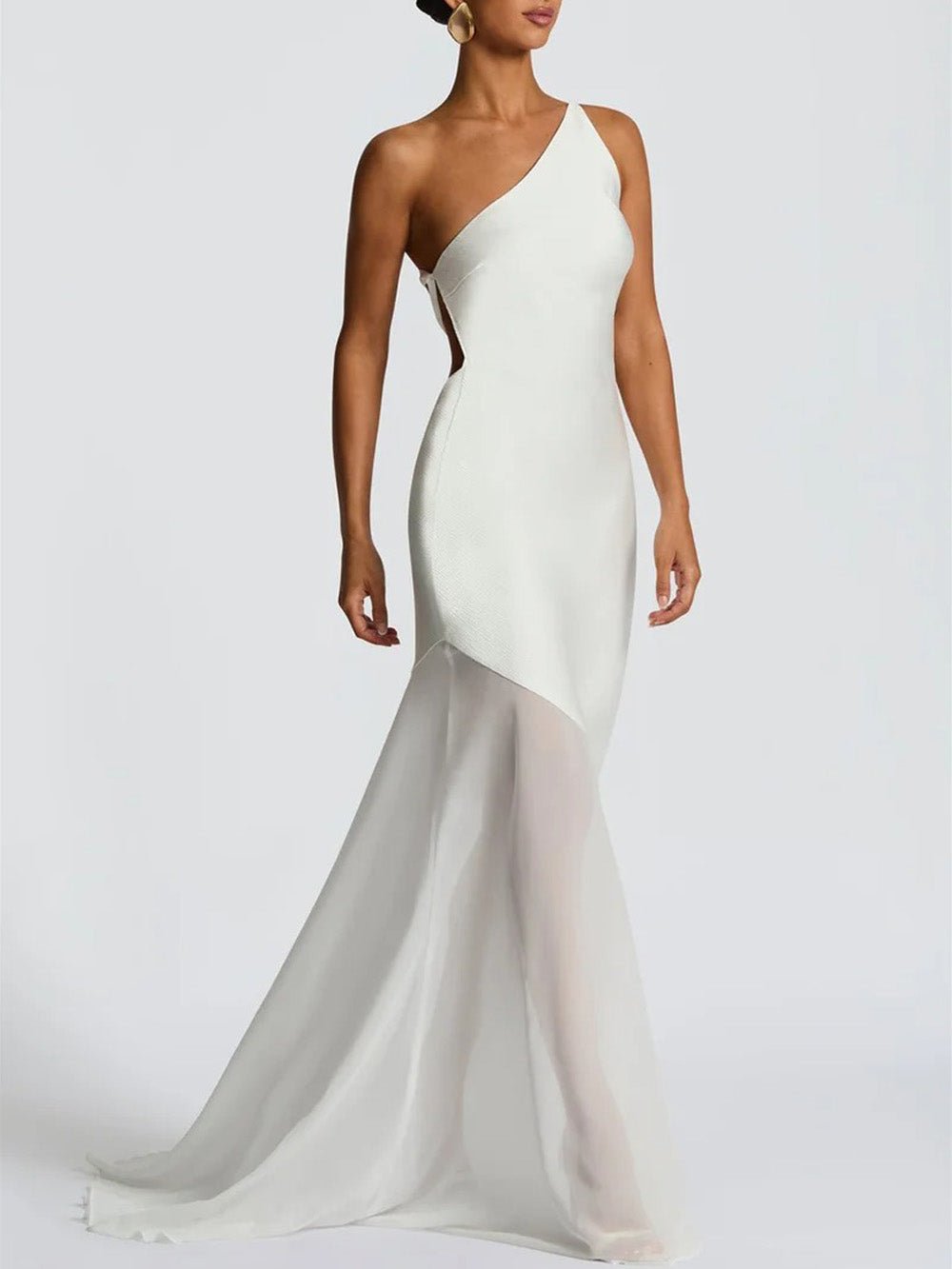 One Shoulder Sheer Mesh Panel Mermaid Maxi Gown - View 4