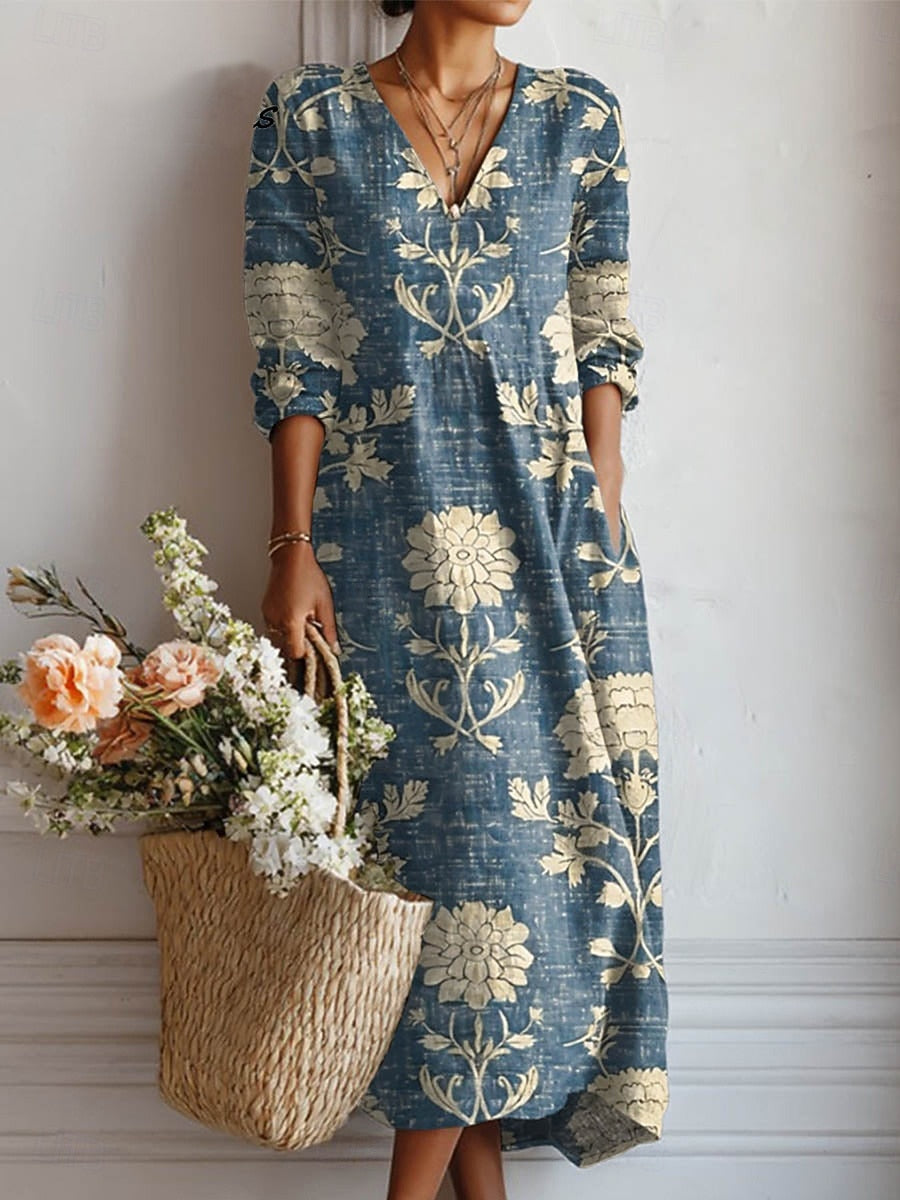 Watercolor Floral Print V-Neck Long Sleeve Pocket Maxi Dress 3