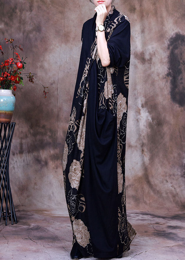 Rose Floral Print V-Neck Draped Wrap Three Quarter Sleeve Maxi Dress - View 3