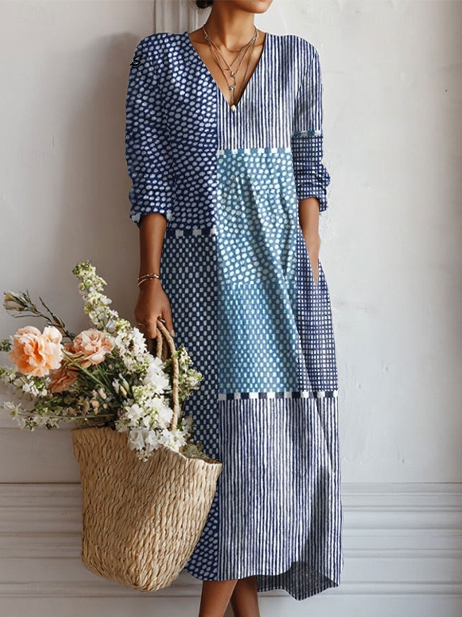 Watercolor Floral Print V-Neck Long Sleeve Pocket Maxi Dress 6