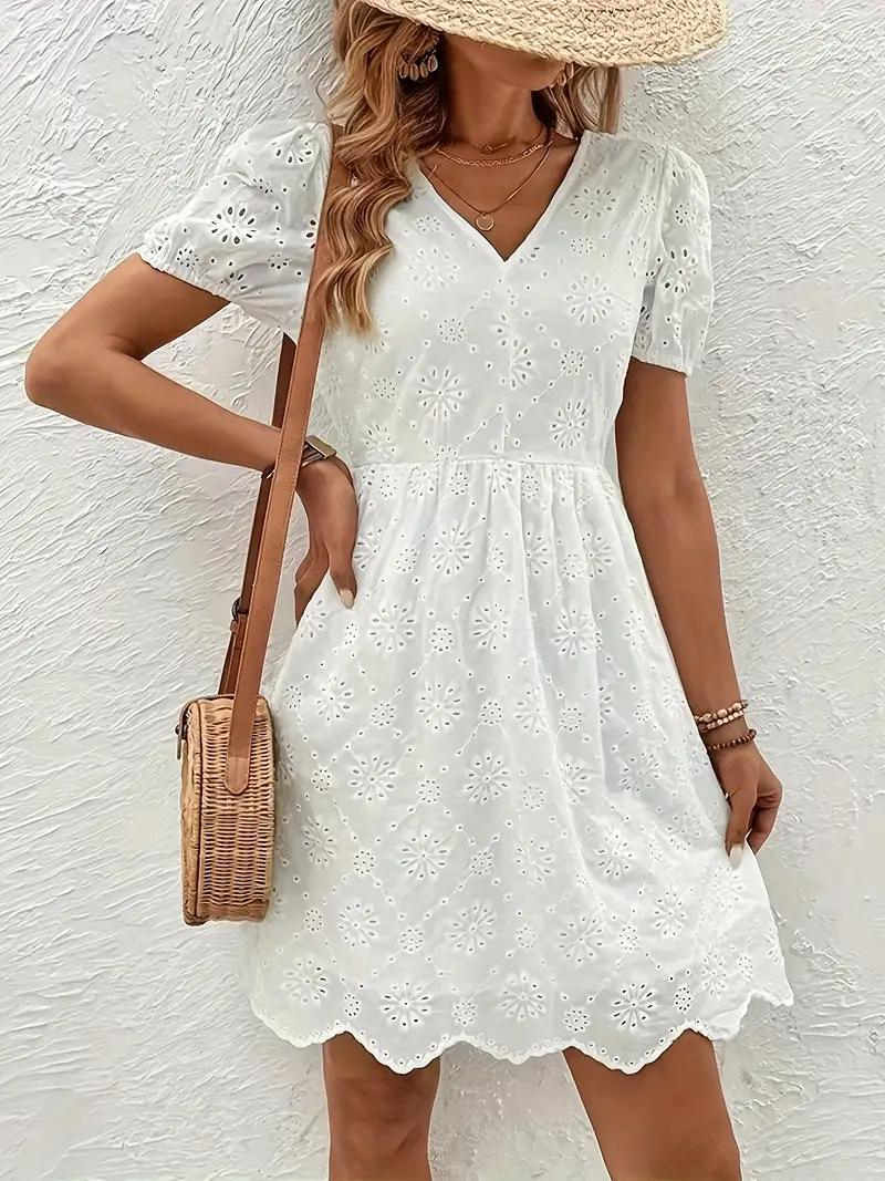 Eyelet Lace V-Back Tie Puff Sleeve Fit and Flare Mini Dress - View 3