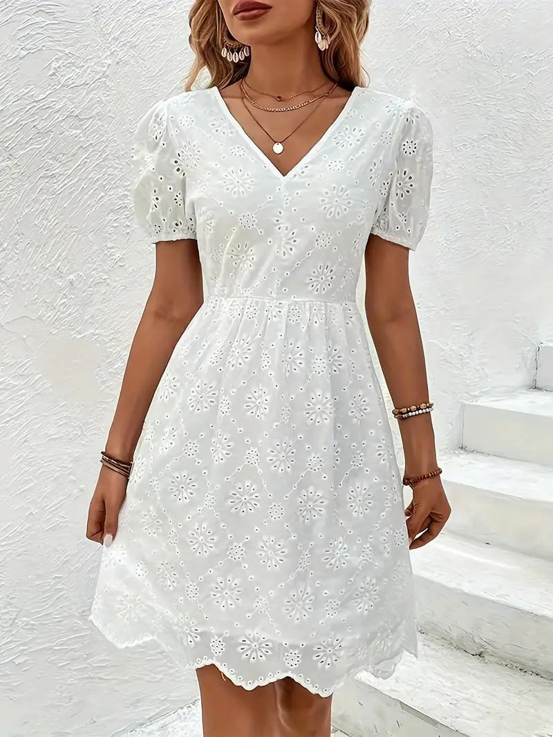 Eyelet Lace V-Back Tie Puff Sleeve Fit and Flare Mini Dress - View 2