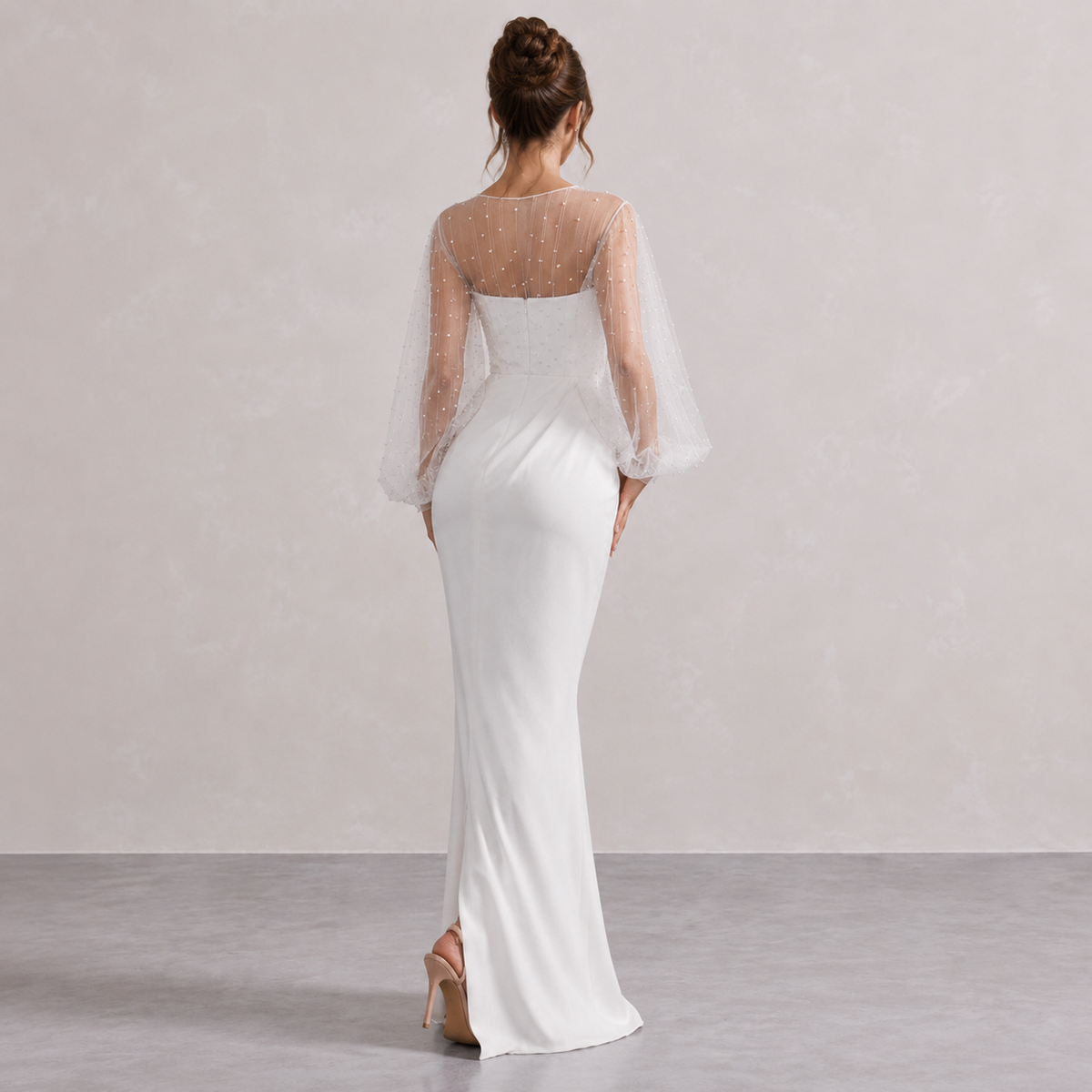 Pearl Sheer Sleeve Ruched High Split Maxi Gown 3