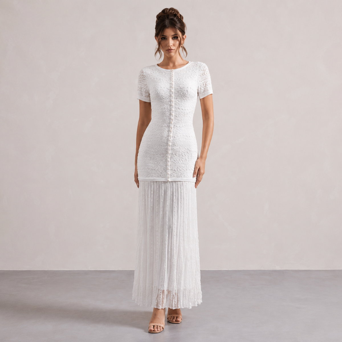 Crochet Knit Pearl Button Pleated Fishtail Maxi Dress 4