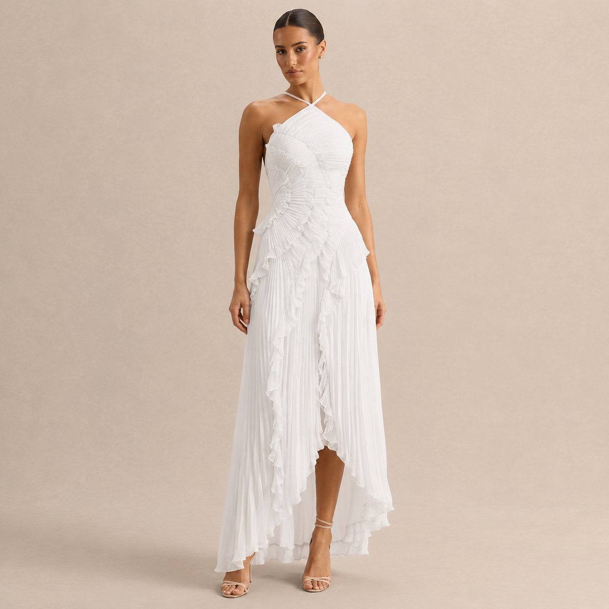 Pleated Halter Neck Ruffle High Low Maxi Dress