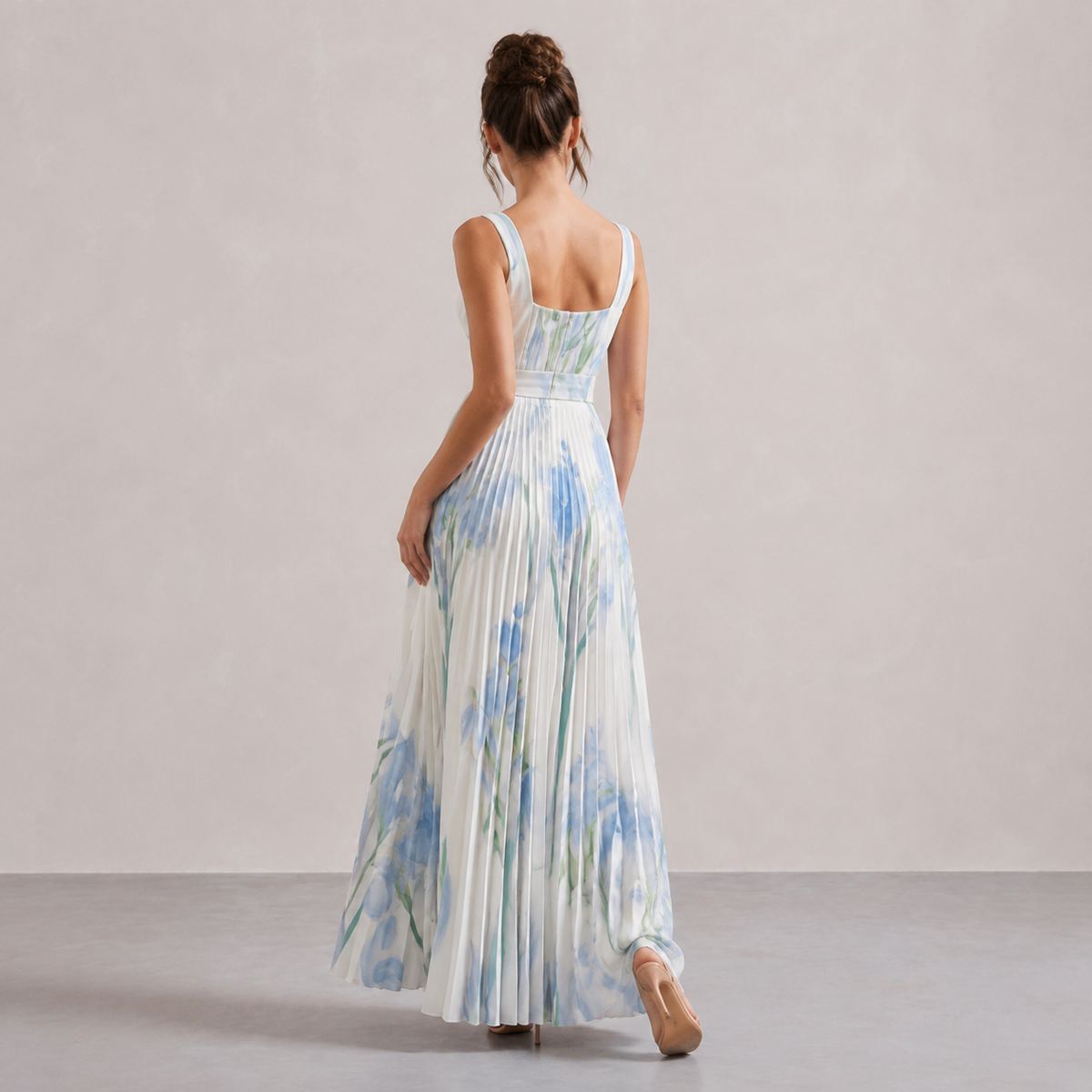 Square Neck Belted Floral Pleated Maxi Dress 6
