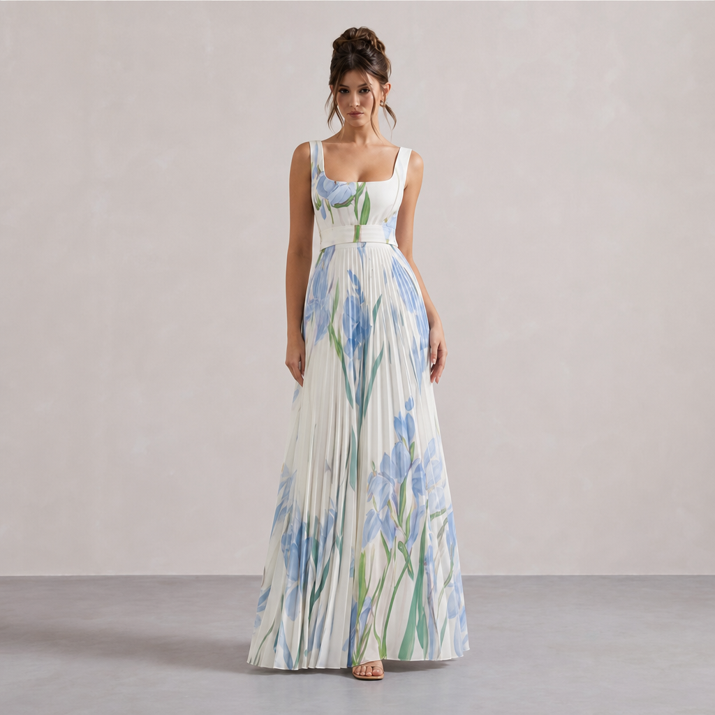 Square Neck Belted Floral Pleated Maxi Dress 4