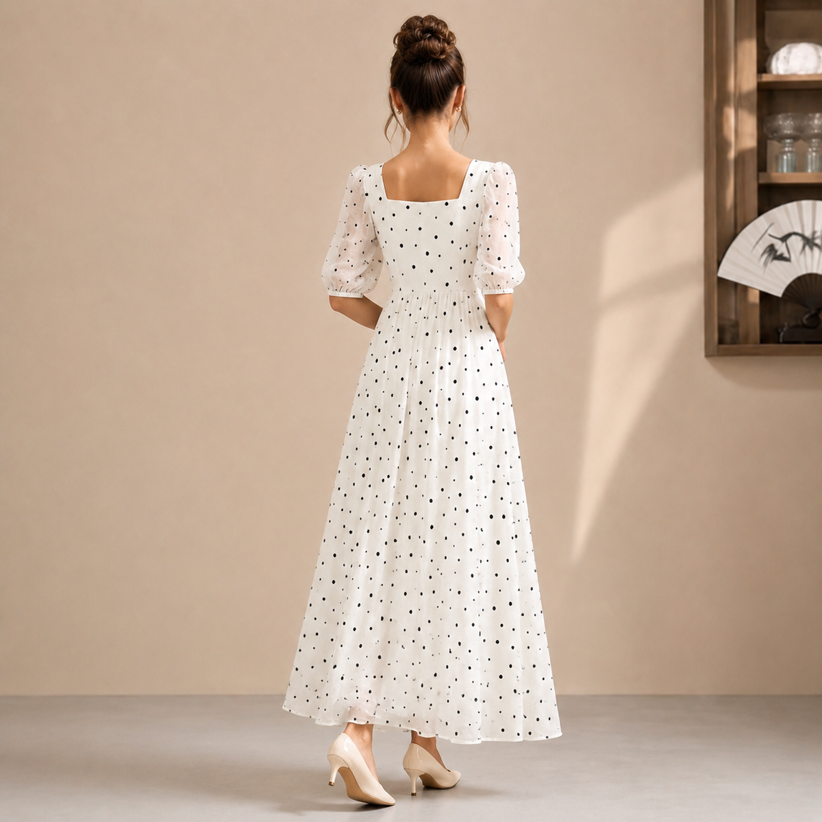 Polka Dot Square Neck Puff Sleeve A-Line Maxi Dress 3
