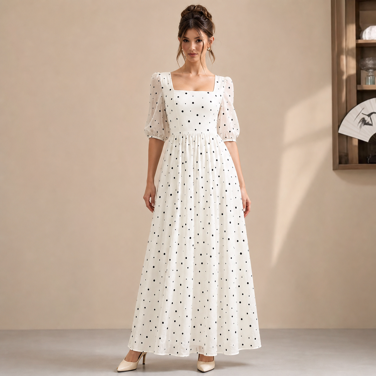 Polka Dot Square Neck Puff Sleeve A-Line Maxi Dress