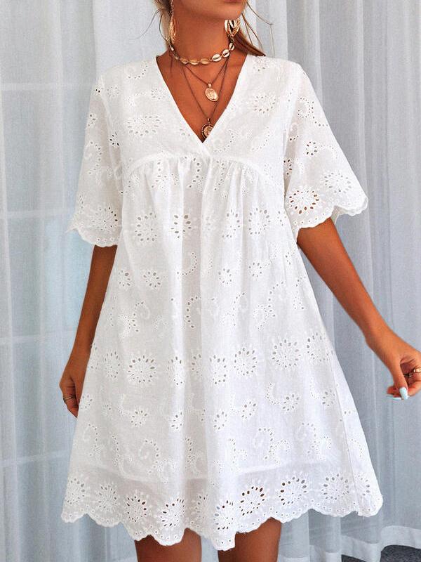 Lace Eyelet V-Neck Short Sleeve Scalloped Babydoll Mini Dress - View 2