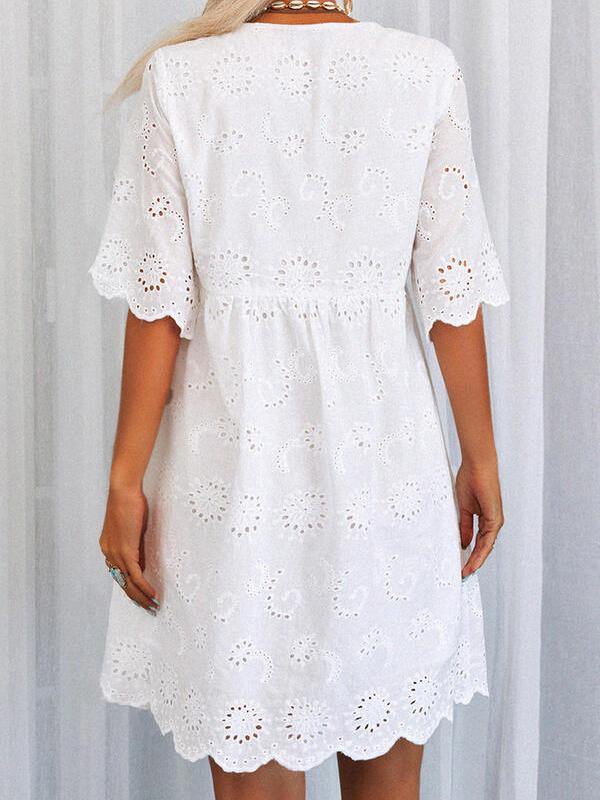 Lace Eyelet V-Neck Short Sleeve Scalloped Babydoll Mini Dress - View 3