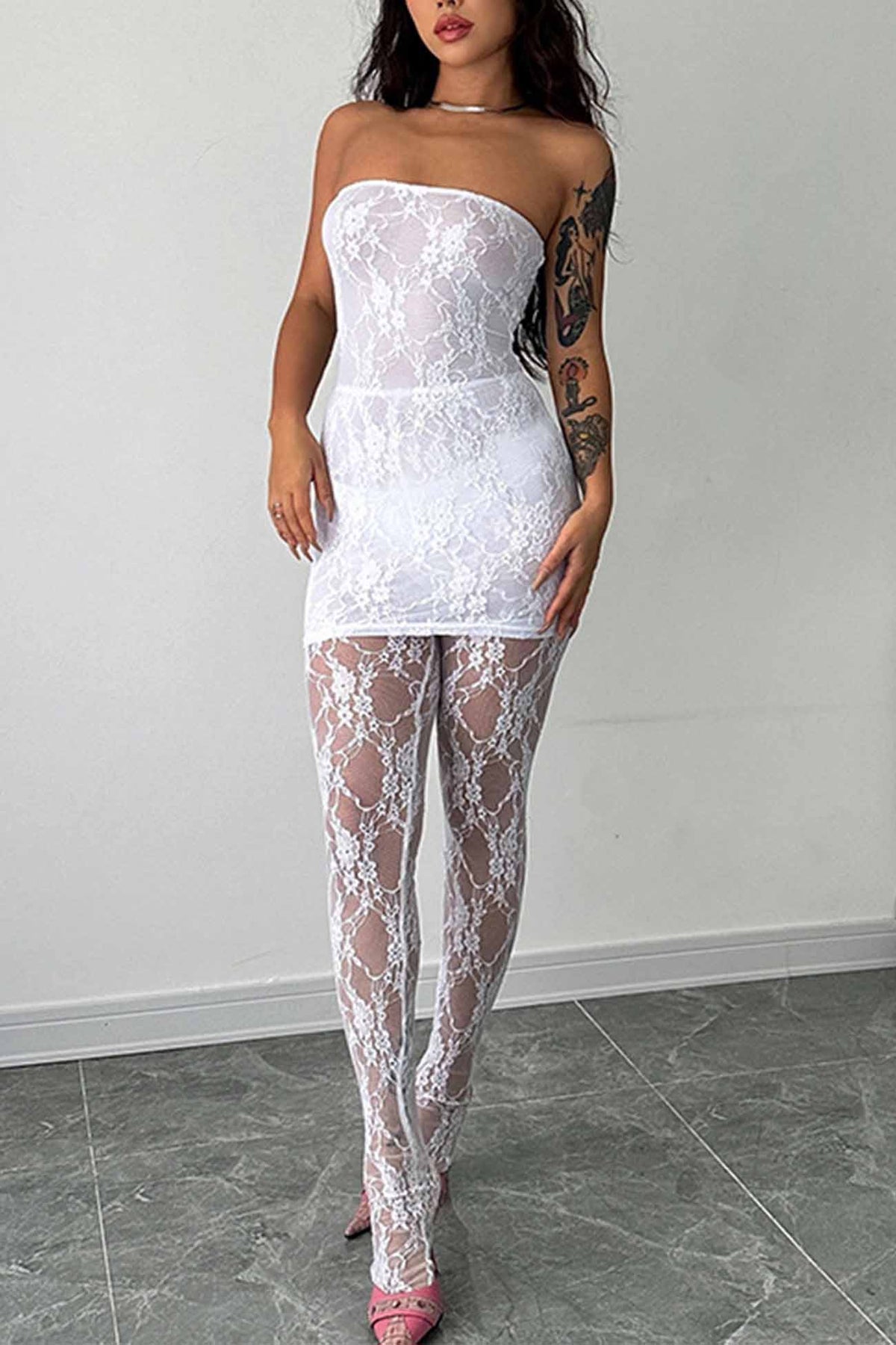 Strapless Floral Lace Bodycon Mini Leggings Two Piece Set - View 19