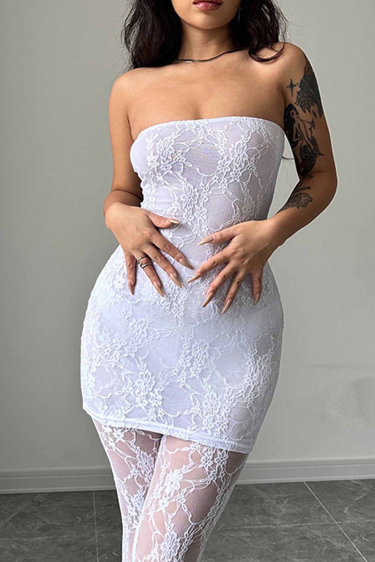 Strapless Floral Lace Bodycon Mini Leggings Two Piece Set - View 18