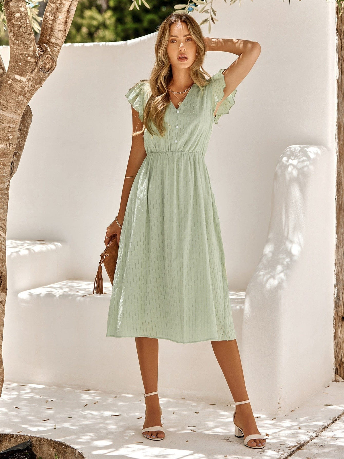 V-Neck Flutter Sleeve Dot Button Front Fit and Flare Midi Dress