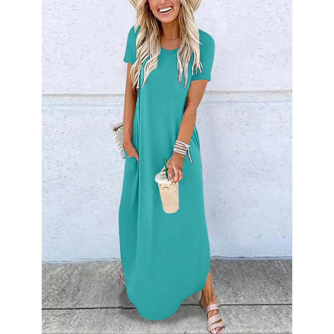 Round Neck Short Sleeve Side Split Maxi Dress 3