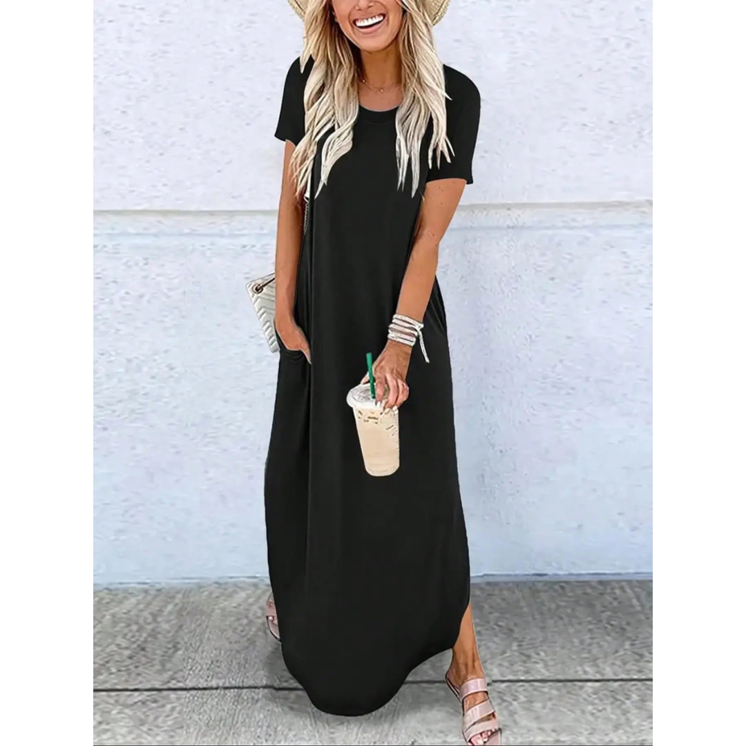 Round Neck Short Sleeve Side Split Maxi Dress 2