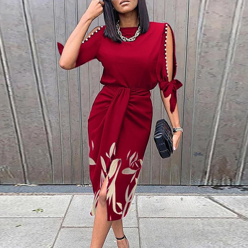 Cold Shoulder Pearl Trim Ruched Waist High Split Midi Cocktail Dress - View 2
