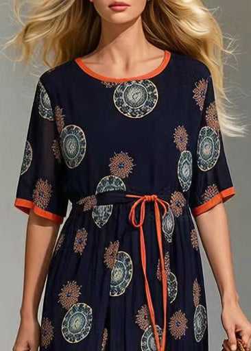 Round Neck Short Sleeve Tie Waist Mandala Print Chiffon Midi Dress - View 2