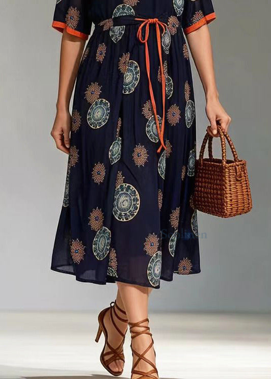 Round Neck Short Sleeve Tie Waist Mandala Print Chiffon Midi Dress - View 4