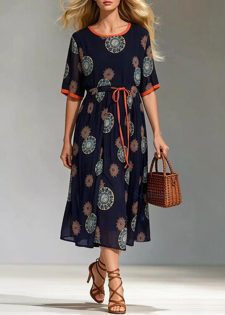 Round Neck Short Sleeve Tie Waist Mandala Print Chiffon Midi Dress - View 5