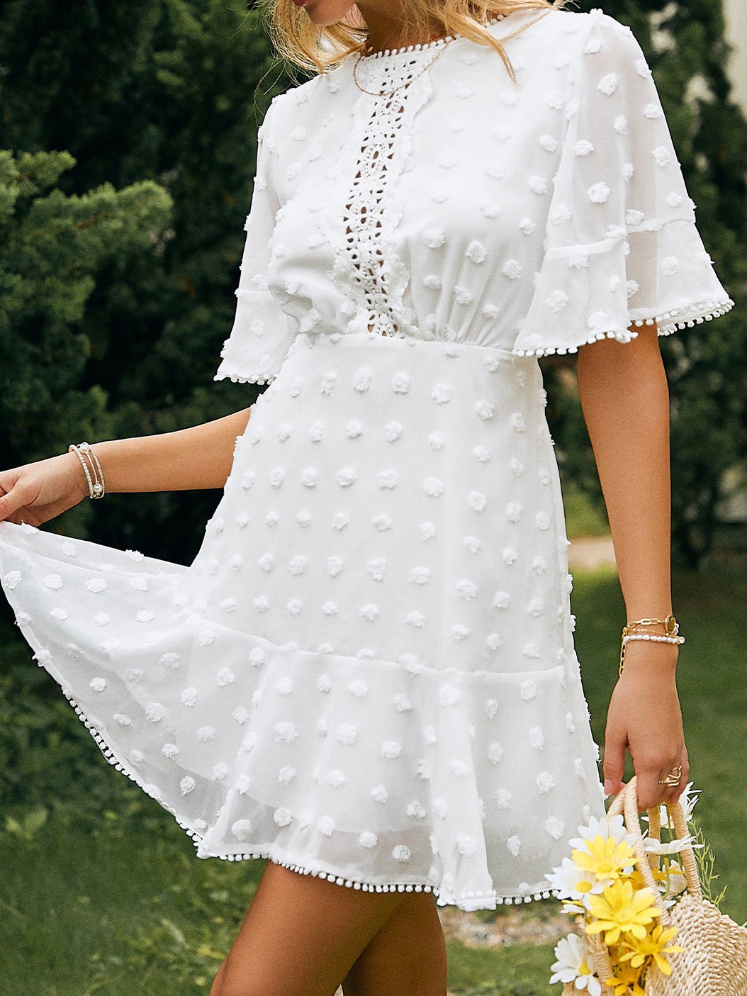 Swiss Dot Crochet Lace Insert Flutter Sleeve Pom Pom Trim Mini Dress - View 2