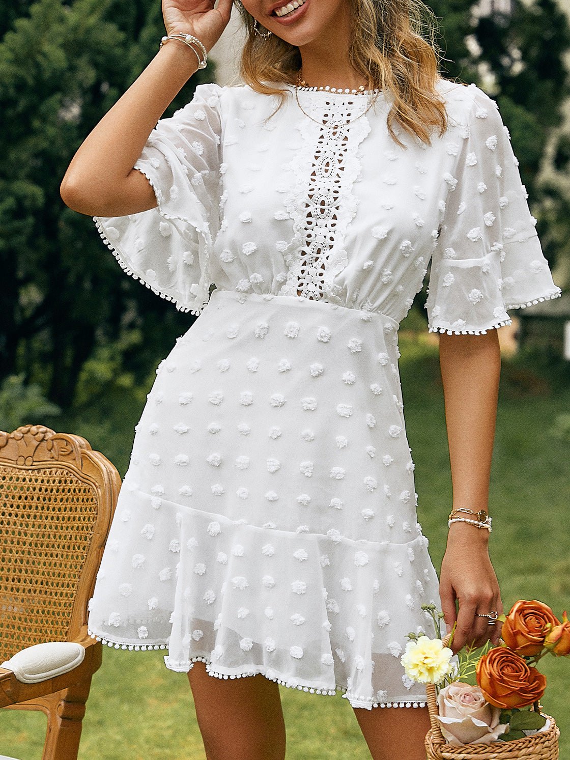 Swiss Dot Crochet Lace Insert Flutter Sleeve Pom Pom Trim Mini Dress