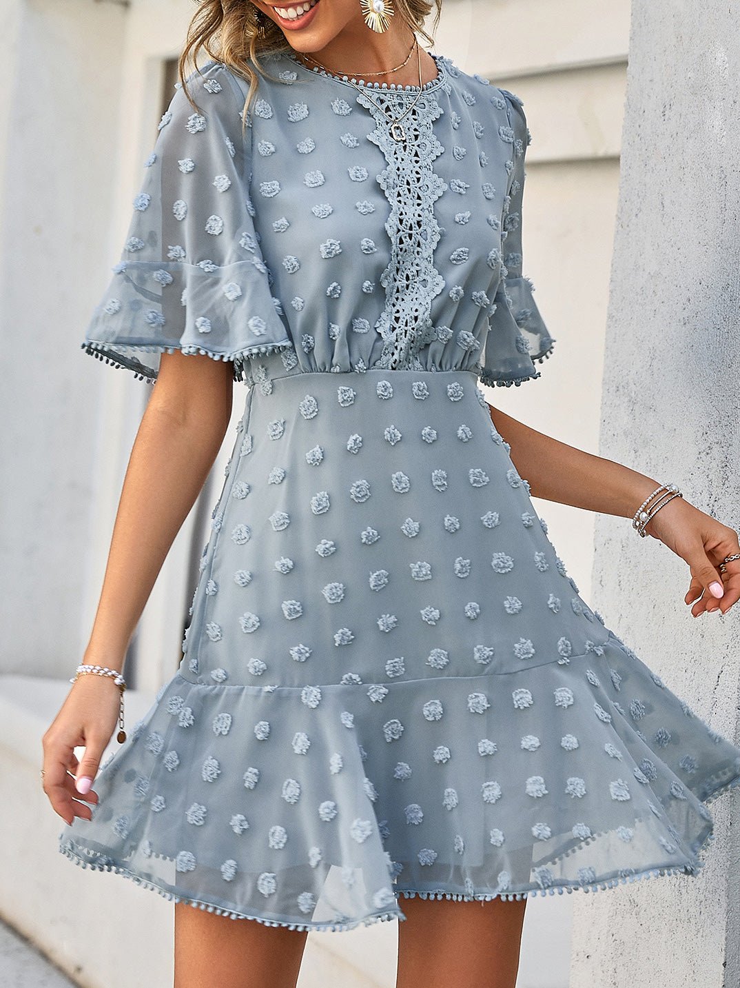 Swiss Dot Crochet Lace Insert Flutter Sleeve Pom Pom Trim Mini Dress - View 5
