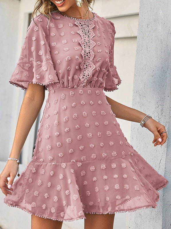 Swiss Dot Crochet Lace Insert Flutter Sleeve Pom Pom Trim Mini Dress - View 7