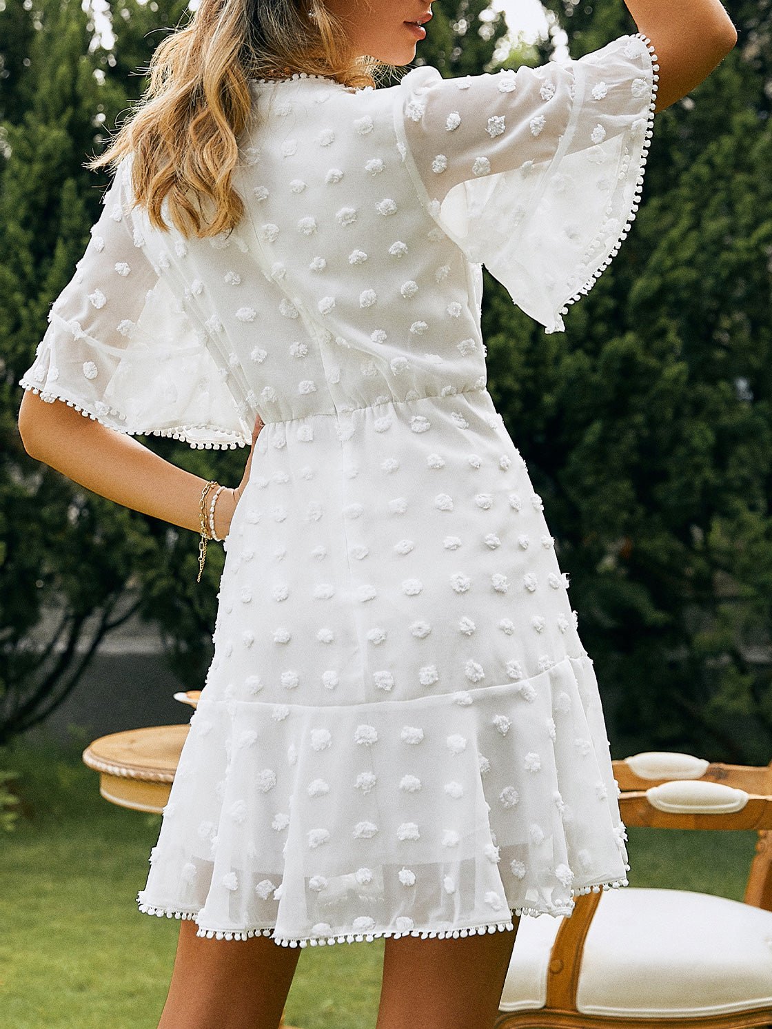 Swiss Dot Crochet Lace Insert Flutter Sleeve Pom Pom Trim Mini Dress - View 3