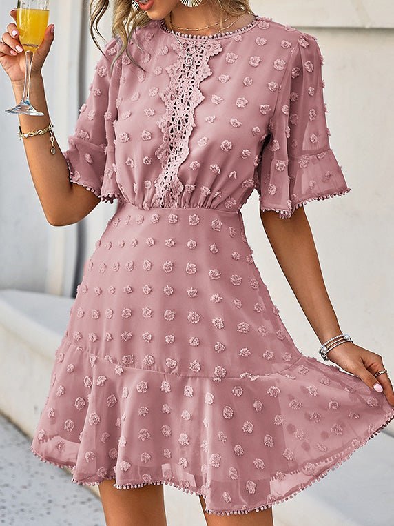 Swiss Dot Crochet Lace Insert Flutter Sleeve Pom Pom Trim Mini Dress - View 4