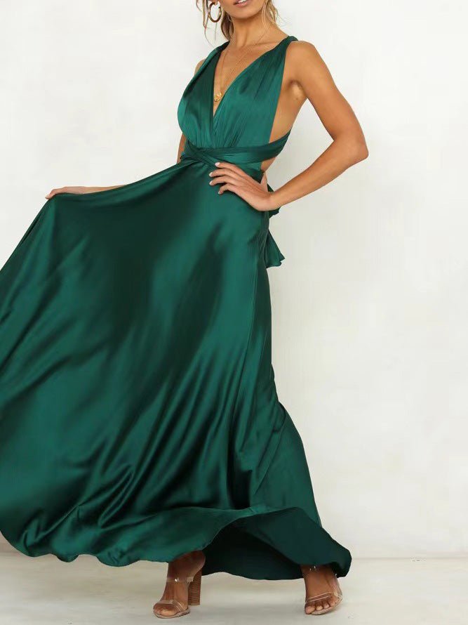 Halter Criss Cross Open Back Bow Detail Satin Maxi Gown - View 3