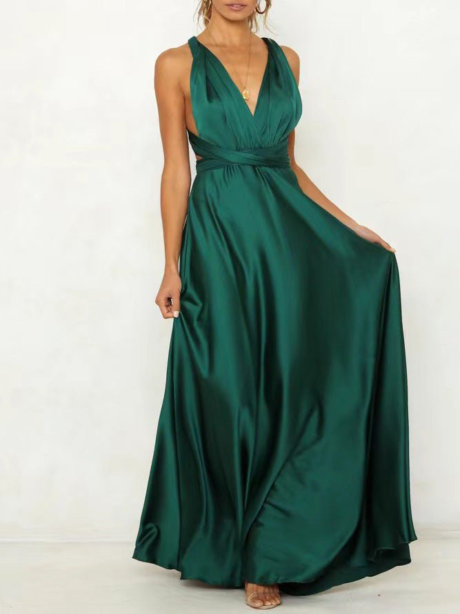 Halter Criss Cross Open Back Bow Detail Satin Maxi Gown - View 4