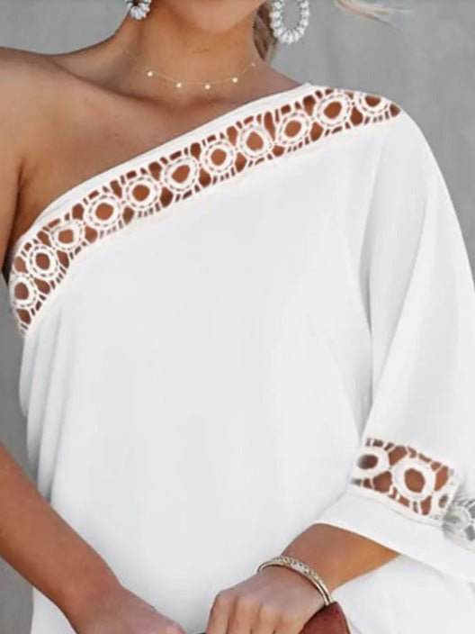 Loose Solid One Shoulder Lace Panel Dress - View 2