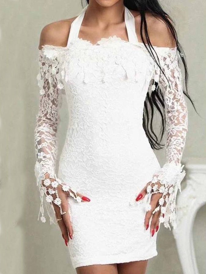 One Shoulder Lace Long Sleeve Dress - View 3