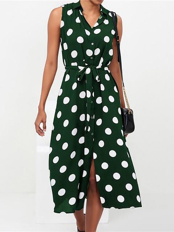 Polka Dot Print Sleeveless Button Front Tie Belt Shirt Midi Dress