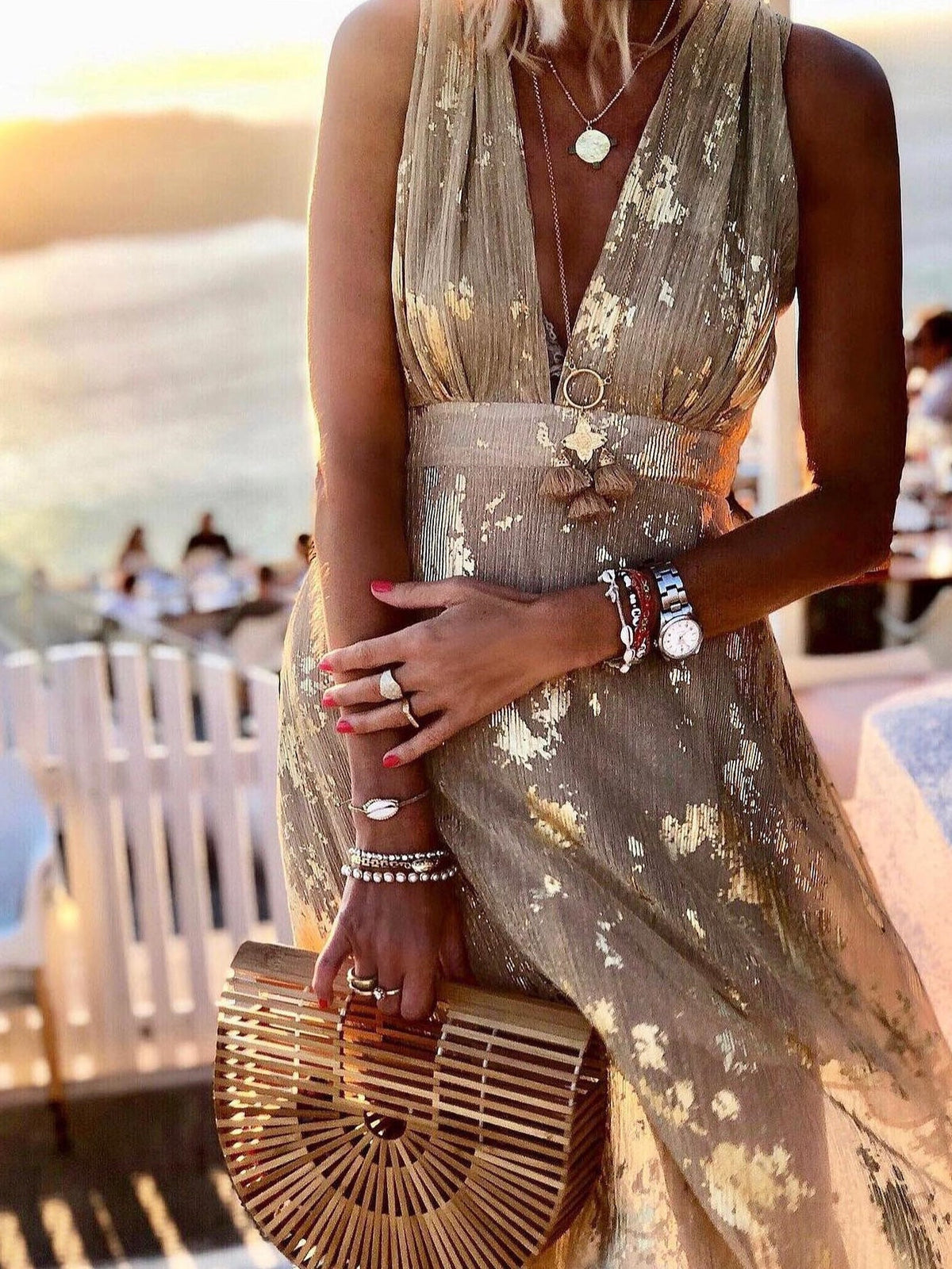 Deep V-Neck Metallic Print Sleeveless Maxi Dress 6