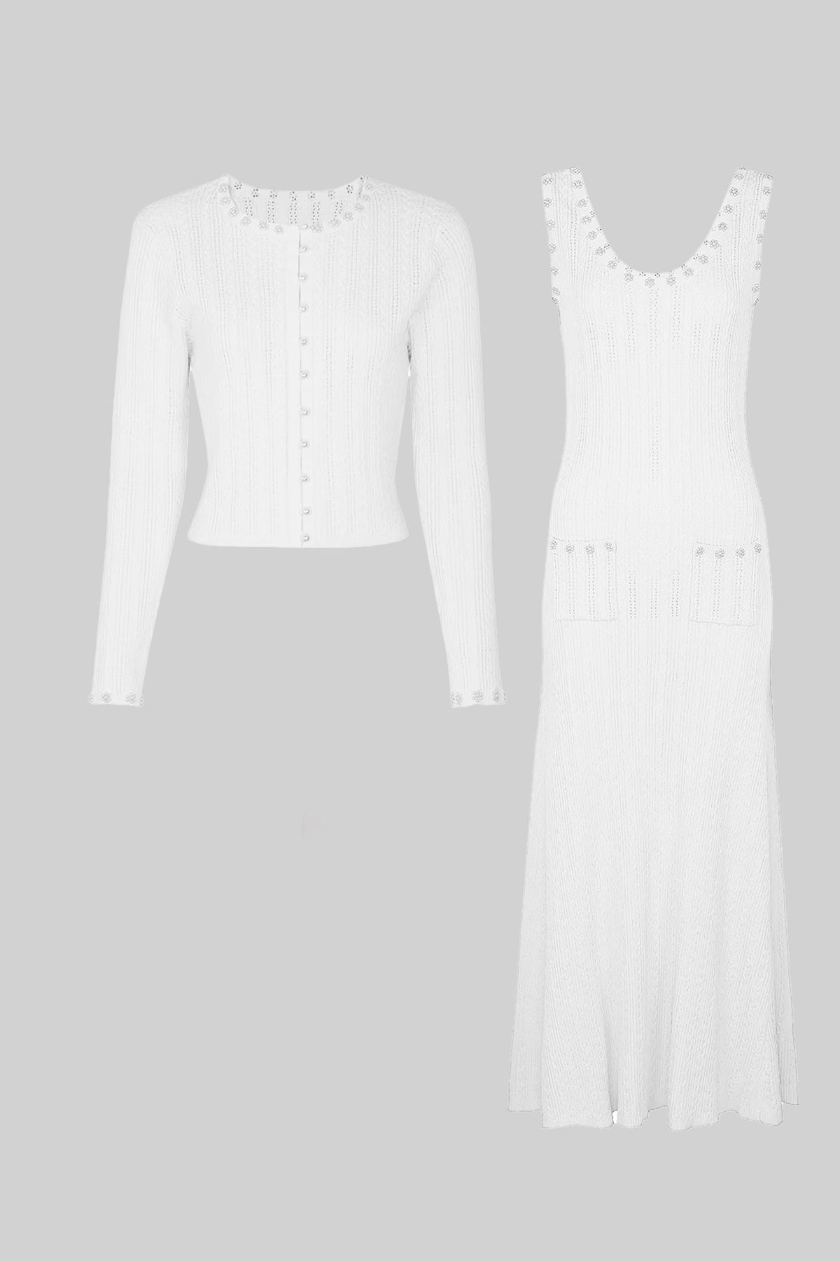 Ribbed Pointelle Pearl Button Cropped Cardigan Sleeveless Set - View 2