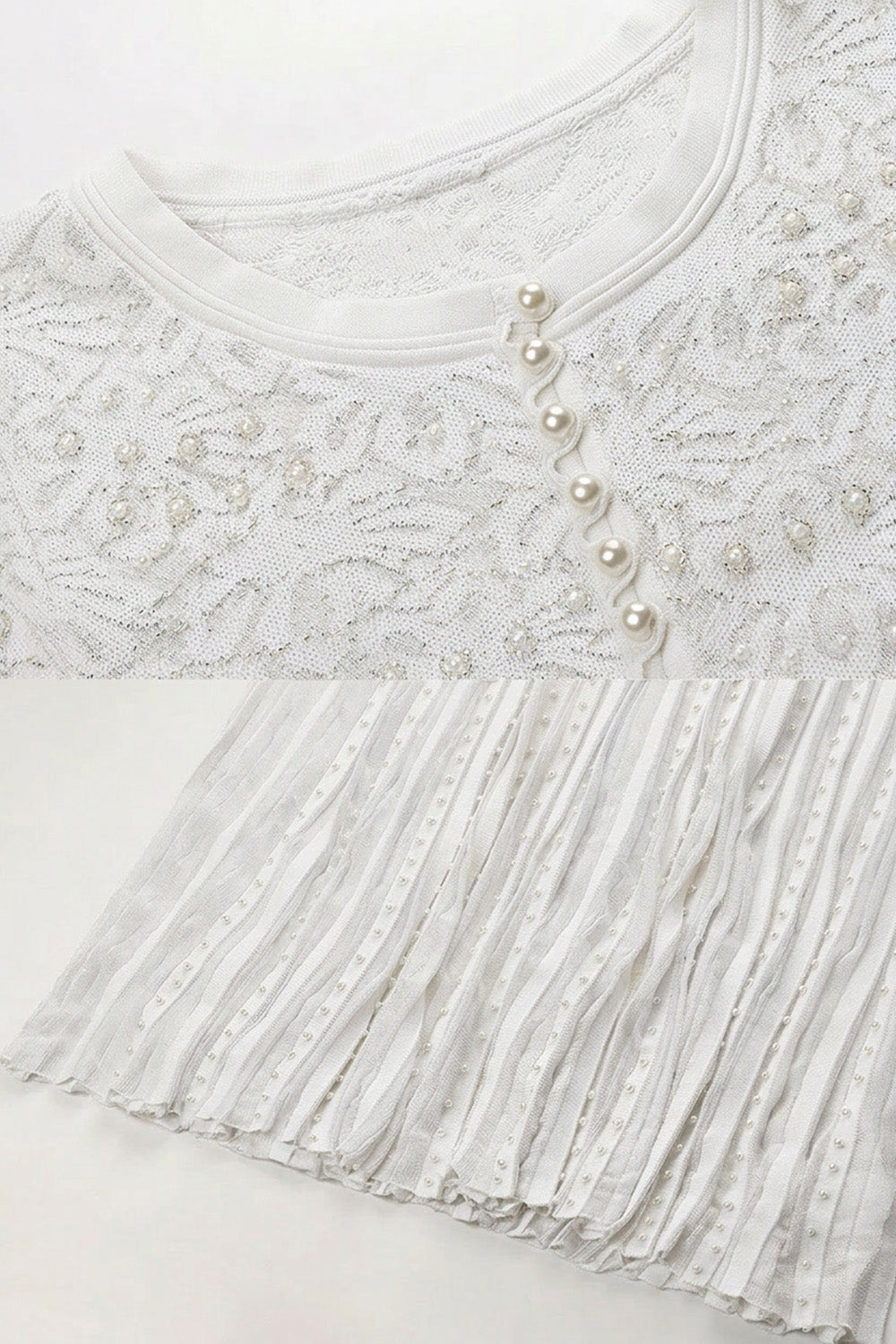 Lace Crew Neck Short Sleeve Pearl Button Pleated Maxi Dress - View 5