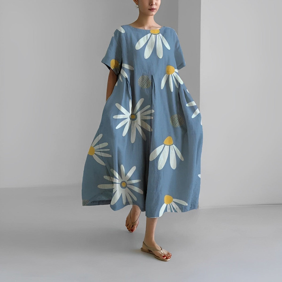 Floral Print Short Sleeve Pocket Pleated Midi Dress 9