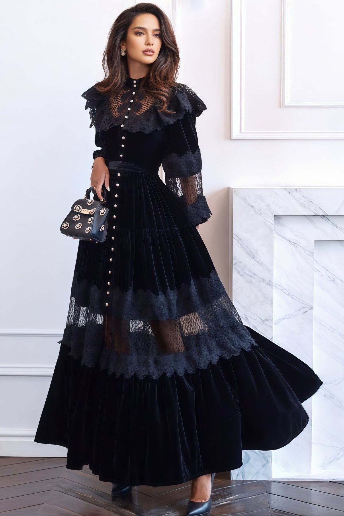 Sorelf Lace Floral Cutout Maxi Dress