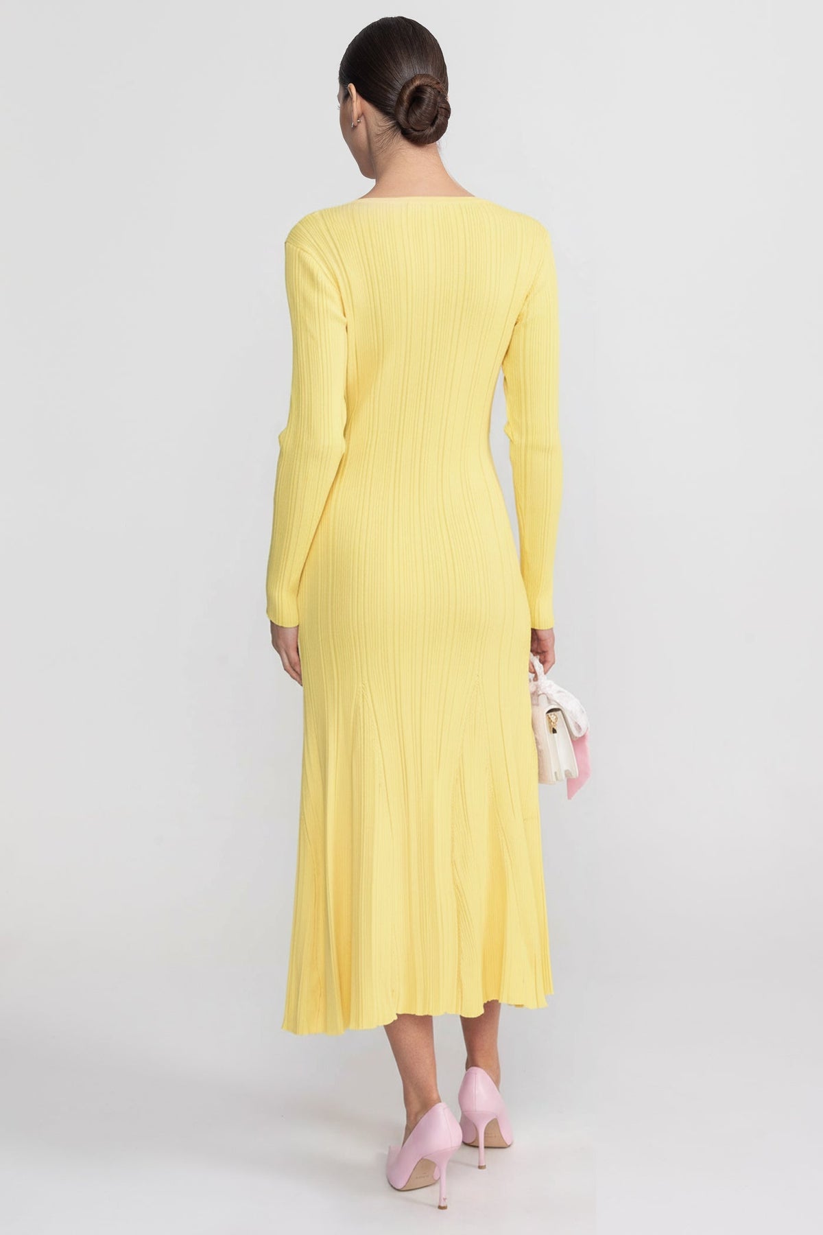 Ribbed Long Sleeve Midi Dress With Lace-Trim V-Neckline - Yellow - View 6