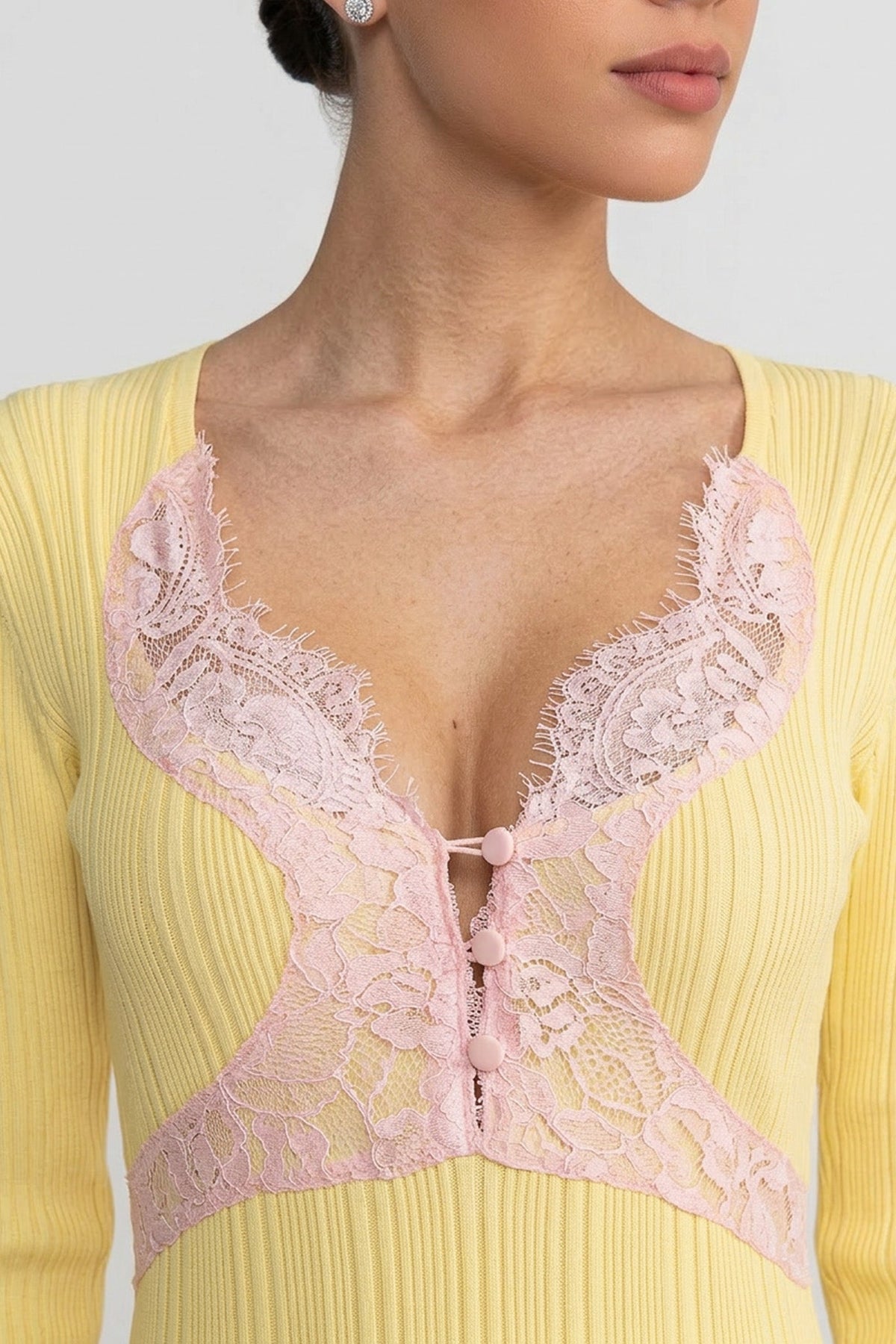 Ribbed Long Sleeve Midi Dress With Lace-Trim V-Neckline - Yellow - View 5