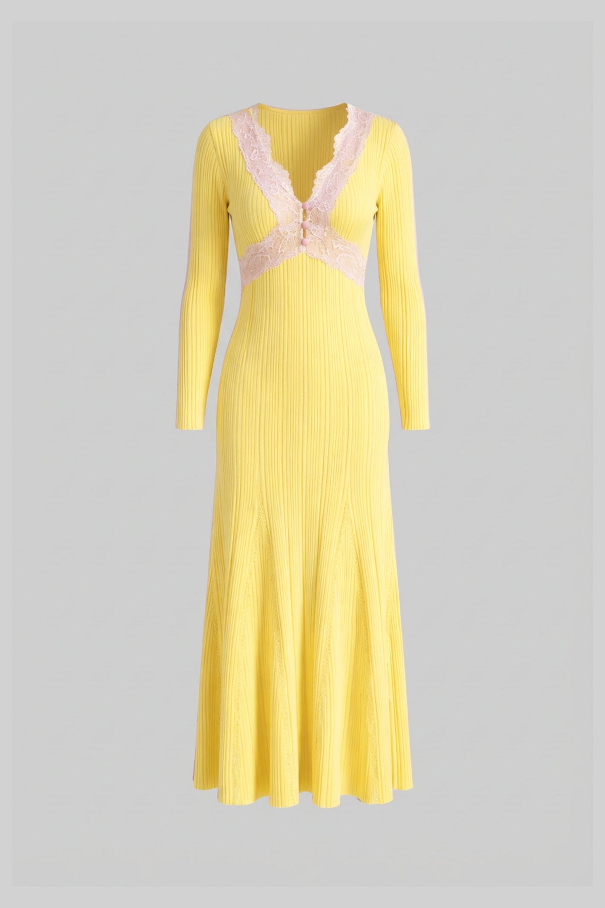 Ribbed Long Sleeve Midi Dress With Lace-Trim V-Neckline - Yellow - View 4