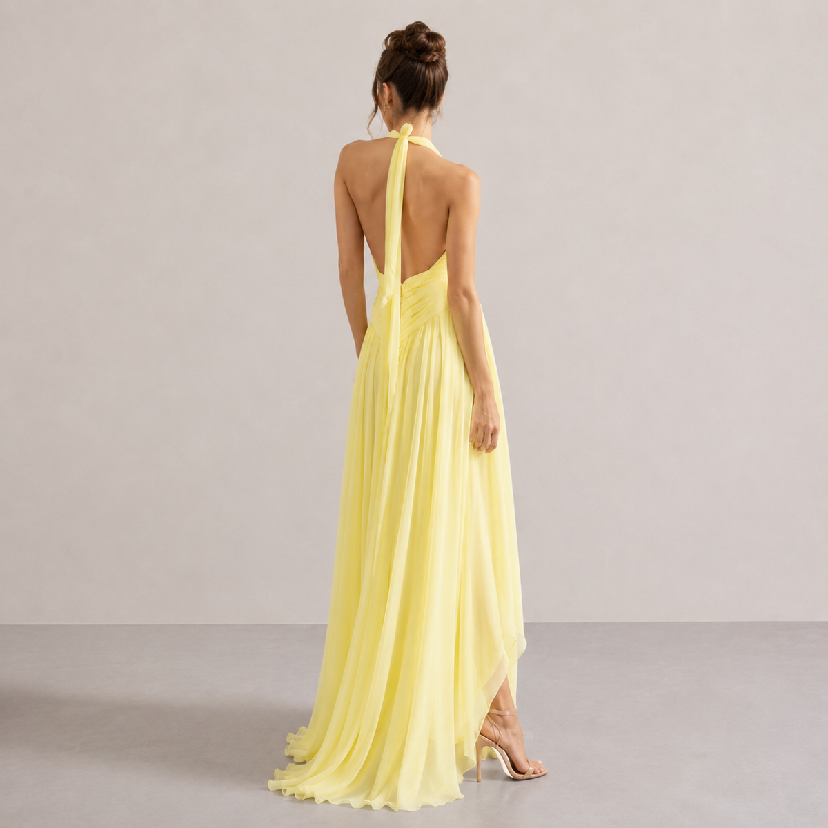 Ruffle Halter Deep V-Neck Rosette High Low Chiffon Maxi Dress 3
