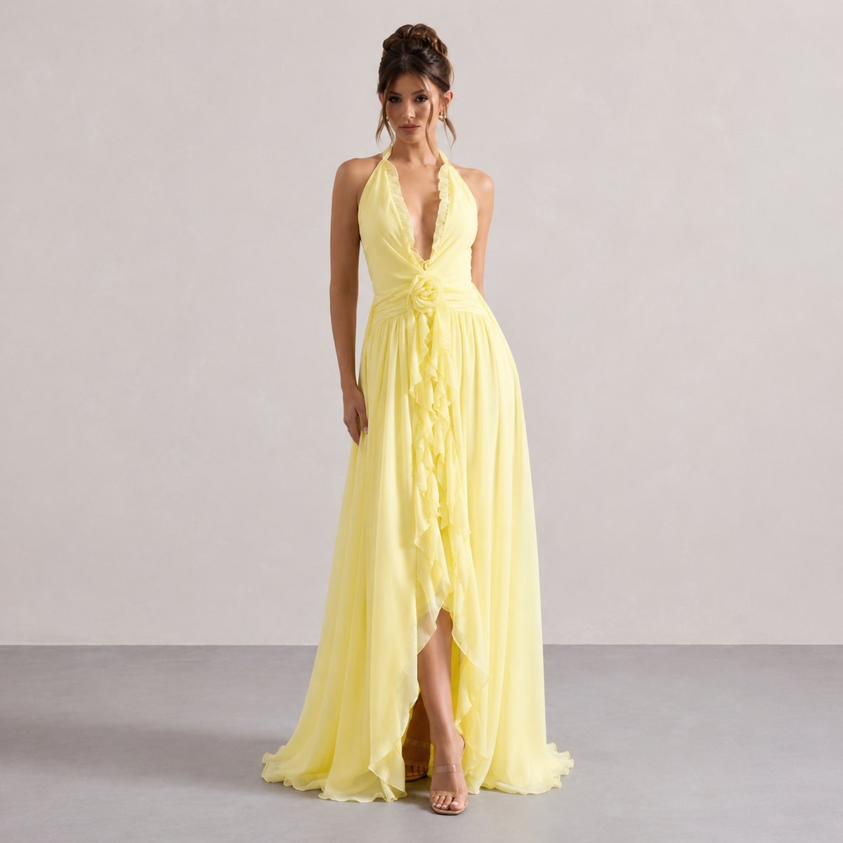 Ruffle Halter Deep V-Neck Rosette High Low Chiffon Maxi Dress