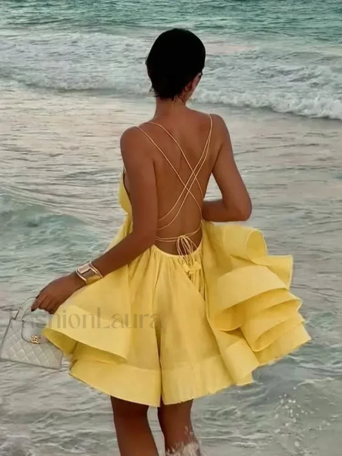 Spaghetti Strap Backless Tiered Ruffle Mini Dress 2