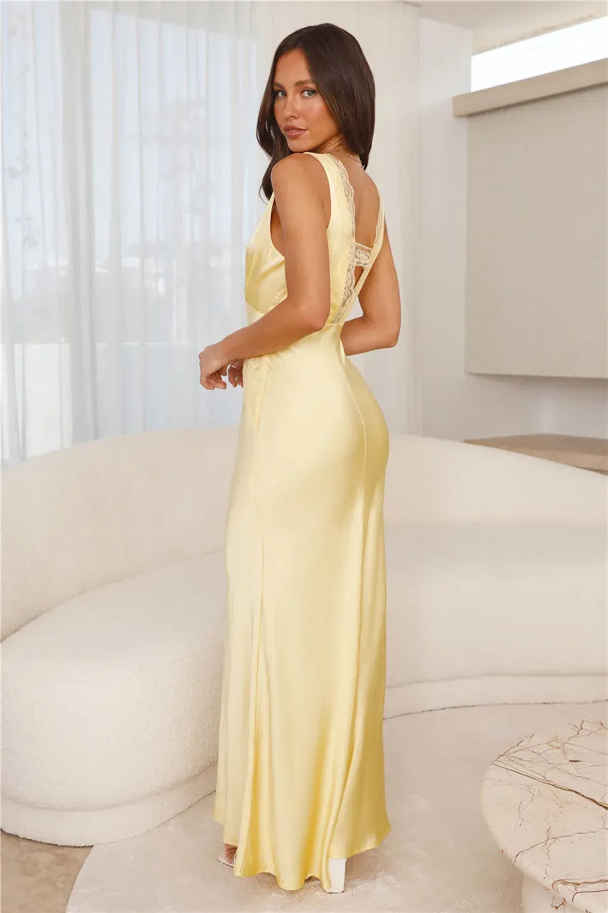 Satin Deep V-Neck Lace Trim Wide Strap Maxi Gown - View 4
