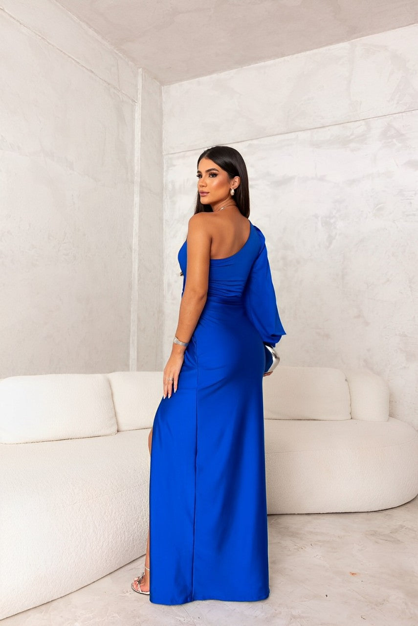 Satin One Shoulder Long Sleeve Slit Sleeve Ruched High Split Maxi Gown - View 7