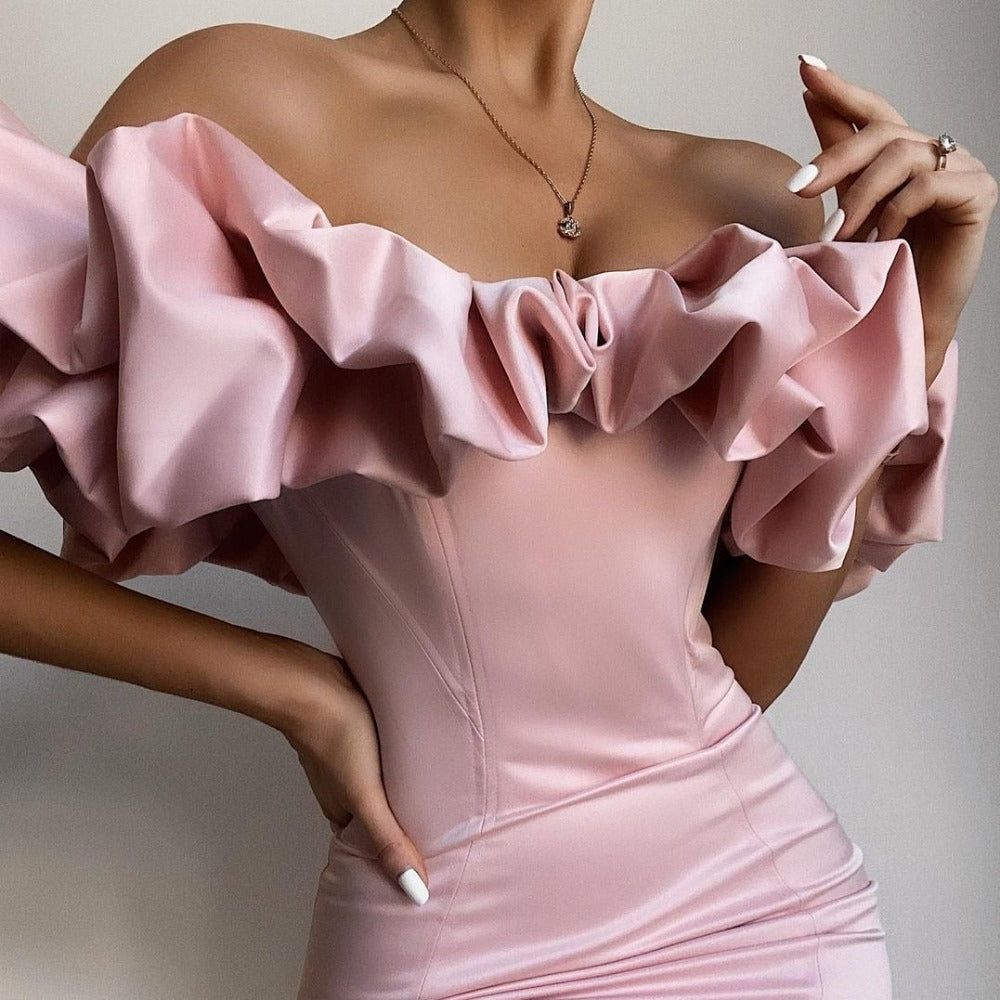 Zari Satin Ruffles Off Shoulder Mini Dress  - Pink - View 4